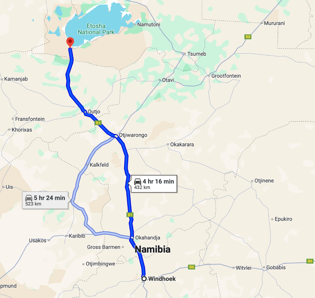 Map from Windhoek to Etosha National park